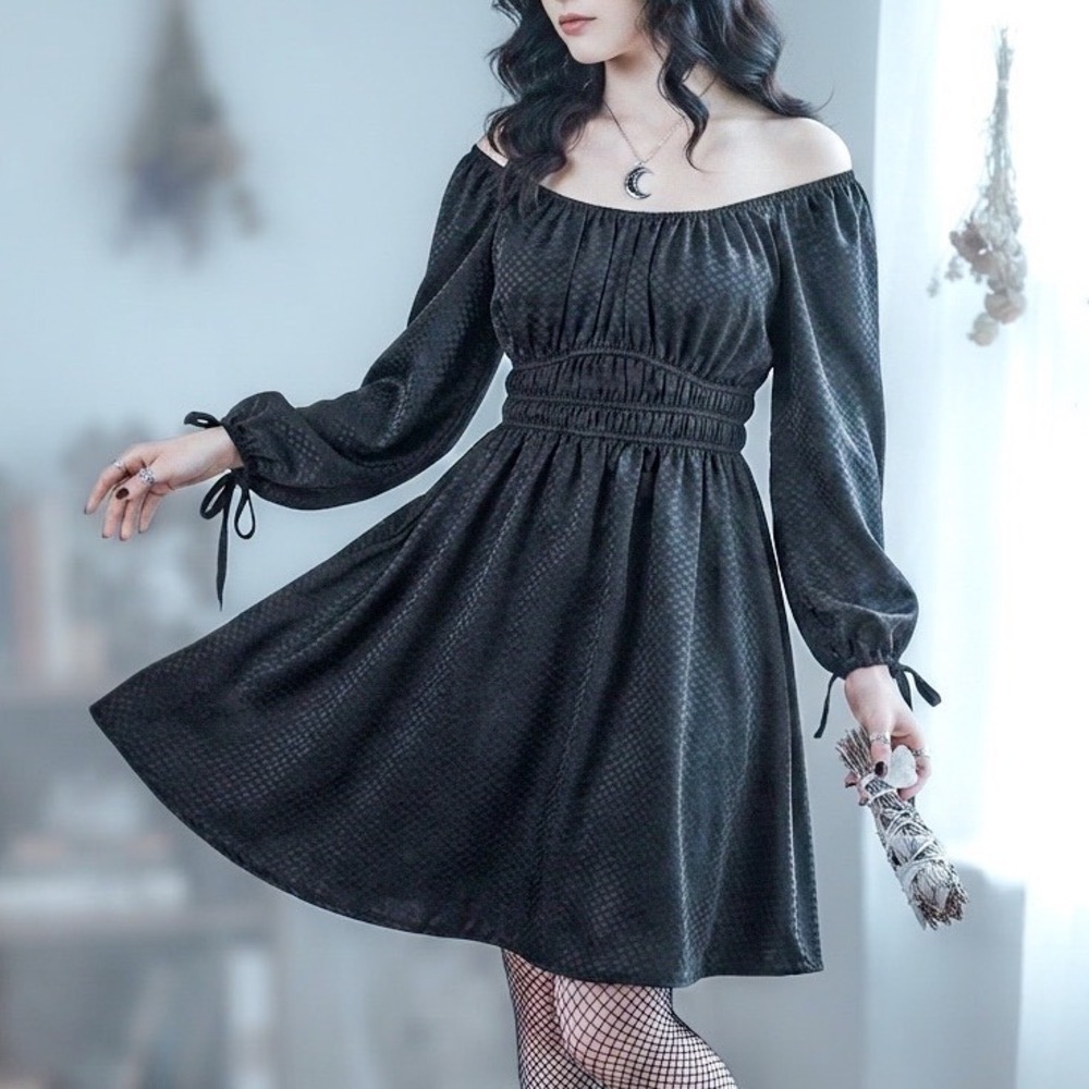Black Babydoll Dress Sz M Smocked Waist Checkered Jacquard Witchy Goth Coquette